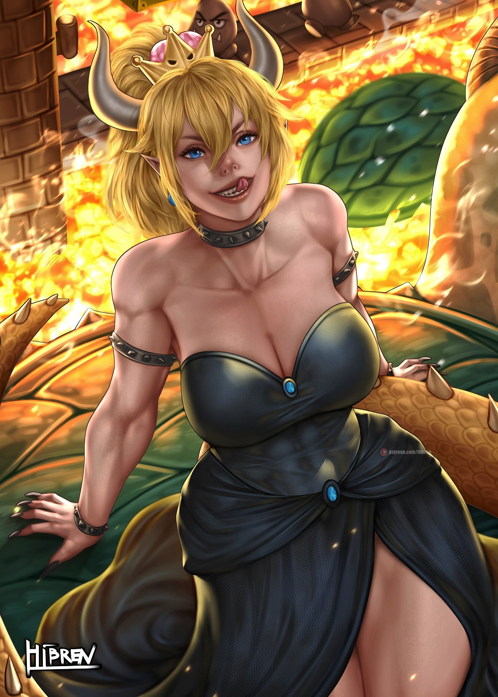 1girl arm_support armlet artist_name bare_shoulders black_dress black_nails blonde_hair blue_eyes bowsette bracelet breasts brooch cleavage collar collarbone covered_abs crown curled_horns dress fingernails from_above goomba grey_horns grin hair_between_eyes hibren high_ponytail highres horns jewelry large_breasts leaning_back long_hair looking_at_viewer looking_up mario_(series) molten_rock nail_polish new_super_mario_bros._u_deluxe parted_bangs sharp_fingernails sitting smile solo_focus spiked_armlet spiked_bracelet spiked_collar spiked_tail spikes strapless strapless_dress super_crown tail toned tongue tongue_out