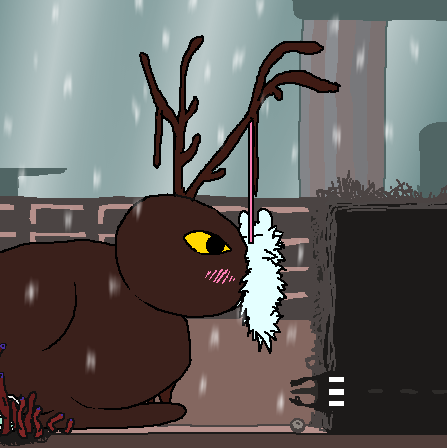 ambiguous_gender antlers beatchupichu blush blush_lines brown_body brown_fur cold digital_media_(artwork) duo eyes_closed freezing fur horn low_res outside pink_tongue rain_deer_(rain_world) rain_world saint_(rain_world) size_difference sky slugcat_(rain_world) snow snowstorm tongue tongue_out white_body white_fur yellow_sclera