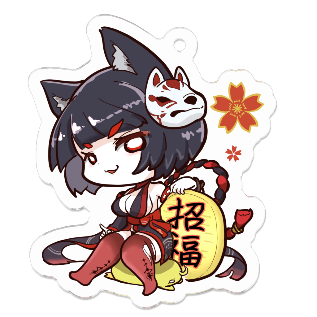 1girl animal_ear_fluff animal_ears azur_lane black_hair black_kimono bow breasts chibi cleavage commentary_request eyes_visible_through_hair full_body himajin_(fd_jin) japanese_clothes keychain kimono looking_at_viewer manjuu_(azur_lane) mask mask_on_head mismatched_eyebrows obi parted_lips red_bow red_sash red_thighhighs rope sash short_hair sideboob simple_background sitting solo thighhighs torn_clothes torn_thighhighs transparent_background waist_bow wavy_mouth white_eyes wide_sleeves yamashiro_(azur_lane) yamashiro_(meta)_(azur_lane)