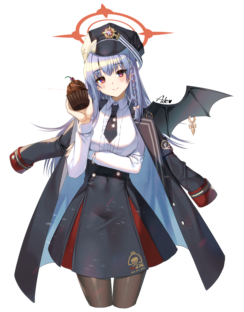 1girl aile_(crossroads) black_headwear black_jacket black_necktie black_skirt black_wings blue_archive blush braid breasts brown_pantyhose closed_mouth collared_shirt commentary_request cropped_legs cupcake demon_wings dress_shirt food grey_hair halo hand_up haruna_(blue_archive) hat head_tilt highres holding holding_food jacket jacket_on_shoulders long_hair medium_breasts necktie pantyhose peaked_cap red_eyes shirt short_necktie signature simple_background single_wing skirt smile solo very_long_hair white_background white_shirt wings