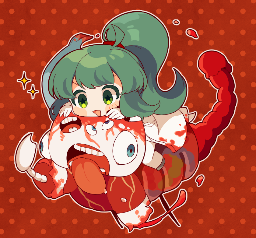 1girl ahoge blood blood_on_clothes blush_stickers chibi coat commentary_request e.g.o_(project_moon) employee_(lobotomy_corporation) green_eyes green_hair guro hoshizuki_sakusa lobotomy_corporation long_hair long_sleeves monster nothing_there open_mouth outline pants polka_dot polka_dot_background ponytail project_moon red_background simple_background smile sparkle star-shaped_pupils star_(symbol) symbol-shaped_pupils v-shaped_eyebrows white_coat white_outline white_pants