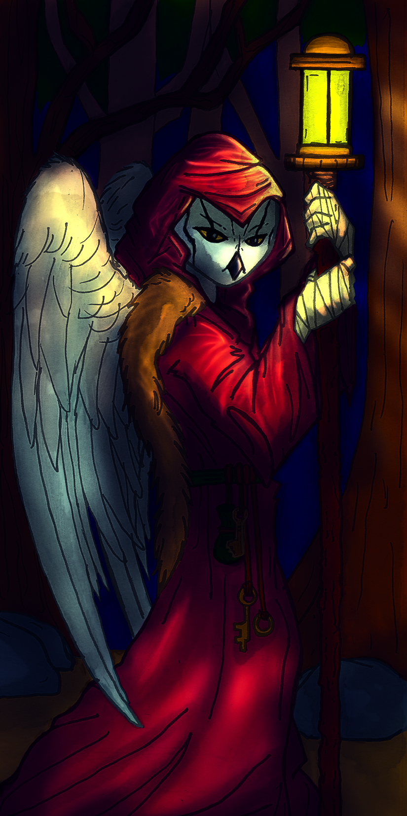 andromorph anthro avian bird bombayeen_(artist) card hi_res intersex magic major_arcana owl solo tarot_card the_hermit_(tarot)