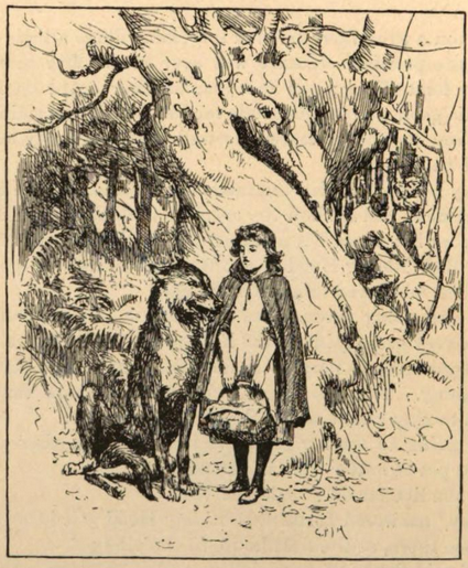 1889 19th_century ambiguous_gender ancient_art basket big_bad_wolf canid canine canis clothed clothing container duo_focus fairy_tales female feral forest forest_background george_percy_jacomb-hood group human lang's_fairy_books little_red_riding_hood little_red_riding_hood_(copyright) male mammal monochrome nature nature_background nude outside plant public_domain tail tail_between_legs the_blue_fairy_book tongue tongue_out tree wolf young