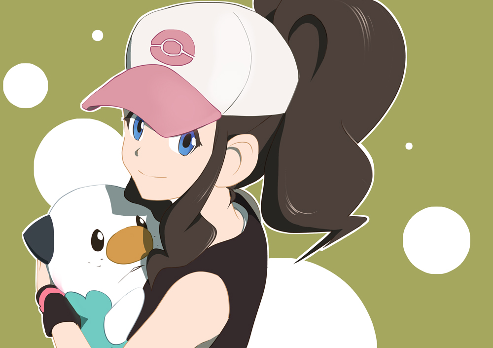 1girl baseball_cap black_vest black_wristband blue_eyes brown_hair closed_mouth commentary_request from_side green_background hat high_ponytail hilda_(pokemon) holding holding_pokemon long_hair looking_up norijaga oshawott outline poke_ball_print pokemon pokemon_(creature) pokemon_(game) pokemon_bw sidelocks smile upper_body vest white_headwear