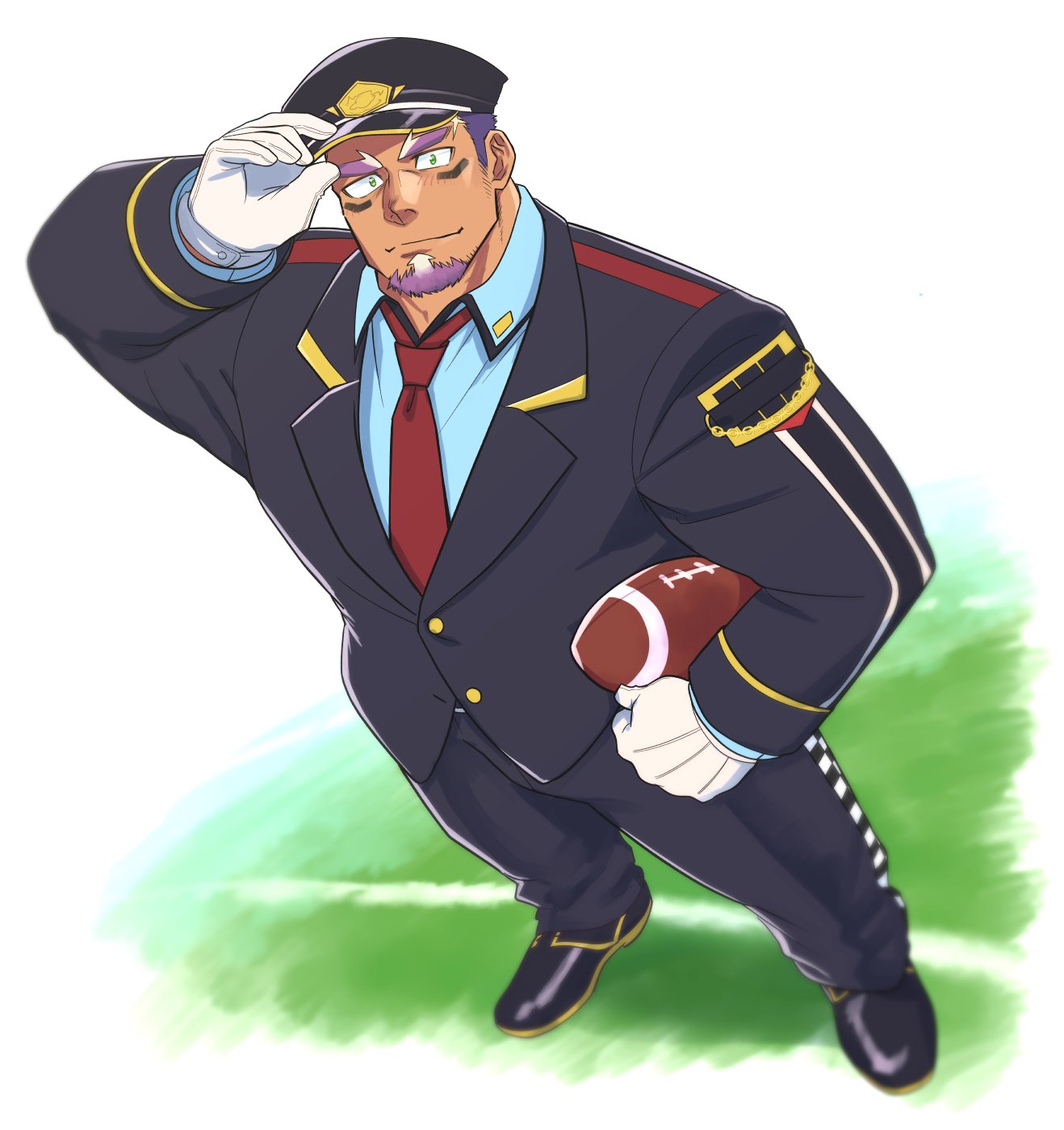 1boy adjusting_clothes adjusting_headwear ball bara dark-skinned_male dark_skin employee_uniform facial_hair field foreshortening from_above full_body gloves goatee highres live_a_hero mature_male muscular muscular_male necktie pectorals rugby_ball shaft_(live_a_hero) short_hair sideburns sideburns_stubble thick_eyebrows two-tone_beard uniform yakisoba_ohmori