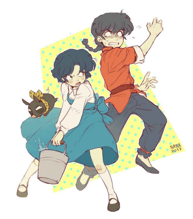 1girl 2boys black_footwear black_hair blue_hair dated fuurinkan_high_school_uniform lemoneto multiple_boys open_mouth p-chan pig ranma_1/2 saotome_ranma school_uniform short_hair socks teeth tendou_akane water white_socks