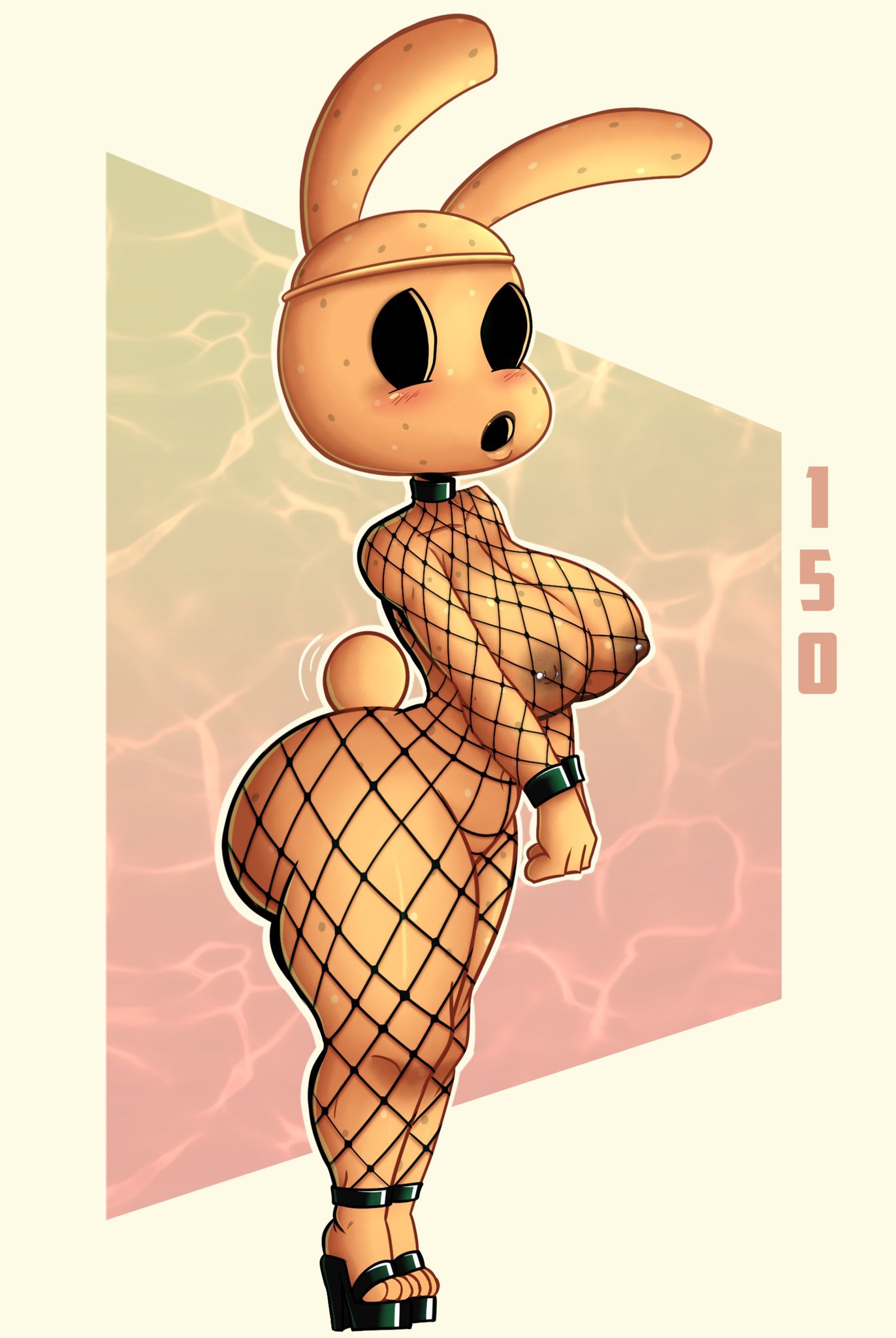 animal_crossing animate_inanimate anthro areola big_breasts big_butt black_clothing black_eyes black_footwear black_shoes blush blush_lines breasts brown_areola brown_nipples butt clothing coco_(animal_crossing) cotton_tail empty_eyes female fishnet_bodysuit fishnet_clothing footwear green_background gyroid hi_res huge_breasts huge_butt hybrid lagomorph leporid looking_at_viewer mammal mostly_nude navel nintendo nipple_piercing nipples open_mouth piercing pink_background rabbit raccoon_sama simple_background solo thick_thighs white_background wide_hips
