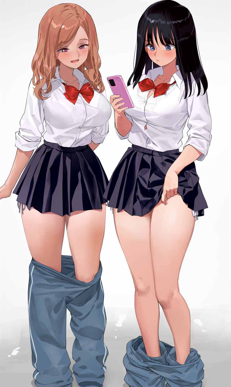 2girls bangs black_hair black_skirt blue_eyes blush bow bowtie breasts brown_hair cellphone closed_mouth collared_shirt grey_background highres holding holding_phone kaisen_chuui large_breasts long_sleeves looking_at_phone medium_hair miniskirt multiple_girls original panties pants parted_lips phone purple_eyes red_bow red_bowtie school_uniform shirt shirt_tucked_in side-tie_panties simple_background skirt smartphone smile thighs track_pants underwear white_shirt