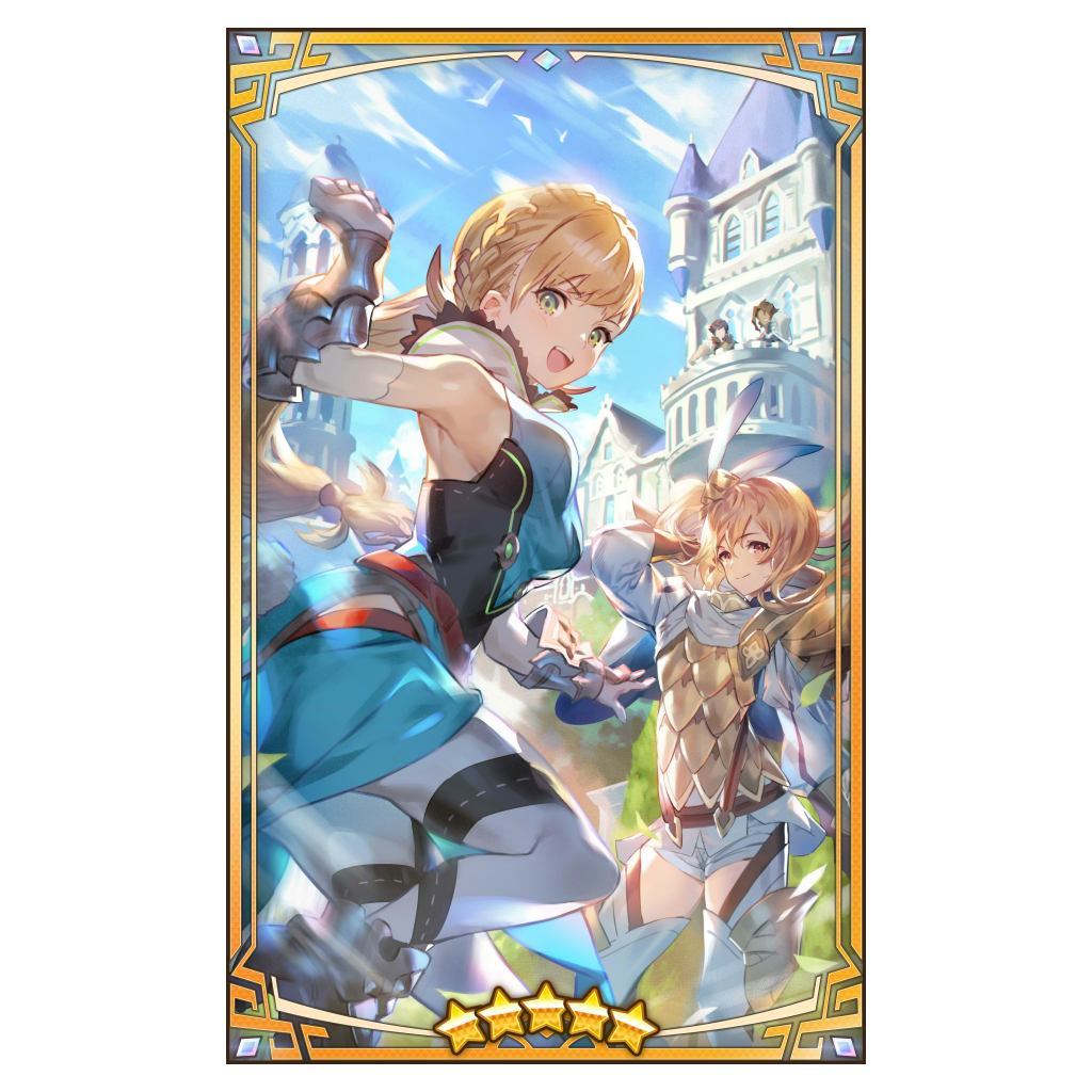 arm_behind_head armor balcony blonde_hair blue_sky castle chrom_(fire_emblem) clenched_hand cloud cloudy_sky cosplay costume_switch dragalia_lost elisanne fire_emblem fire_emblem_awakening fire_emblem_heroes green_eyes group_costume_switch looking_at_another looking_at_viewer official_art open_mouth pauldrons ranzal_(dragalia_lost) red_eyes sharena_(fire_emblem) shoulder_armor single_pauldron sky smile star_(symbol) u_u_zan