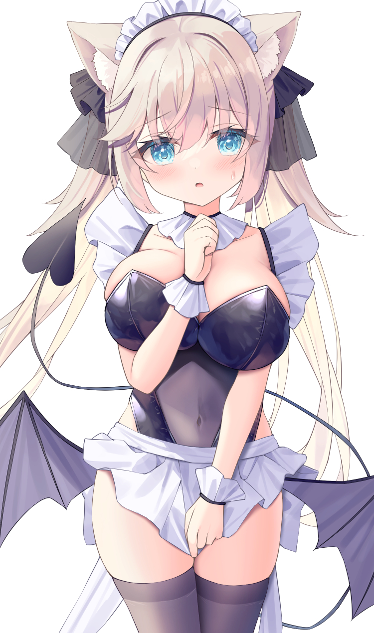 1girl animal_ear_fluff animal_ears apron black_leotard black_ribbon blue_eyes blush breasts cat_ears collarbone covered_navel demon_girl demon_tail demon_wings grey_wings hair_between_eyes hair_ribbon hand_up highres indie_virtual_youtuber large_breasts leotard light_brown_hair long_hair looking_at_viewer low_wings maid_headdress parted_lips ribbon satsuki_yukimi satsuki_yukimi_(vtuber) simple_background solo strapless strapless_leotard sweat tail twintails very_long_hair virtual_youtuber waist_apron white_apron white_background wings wrist_cuffs