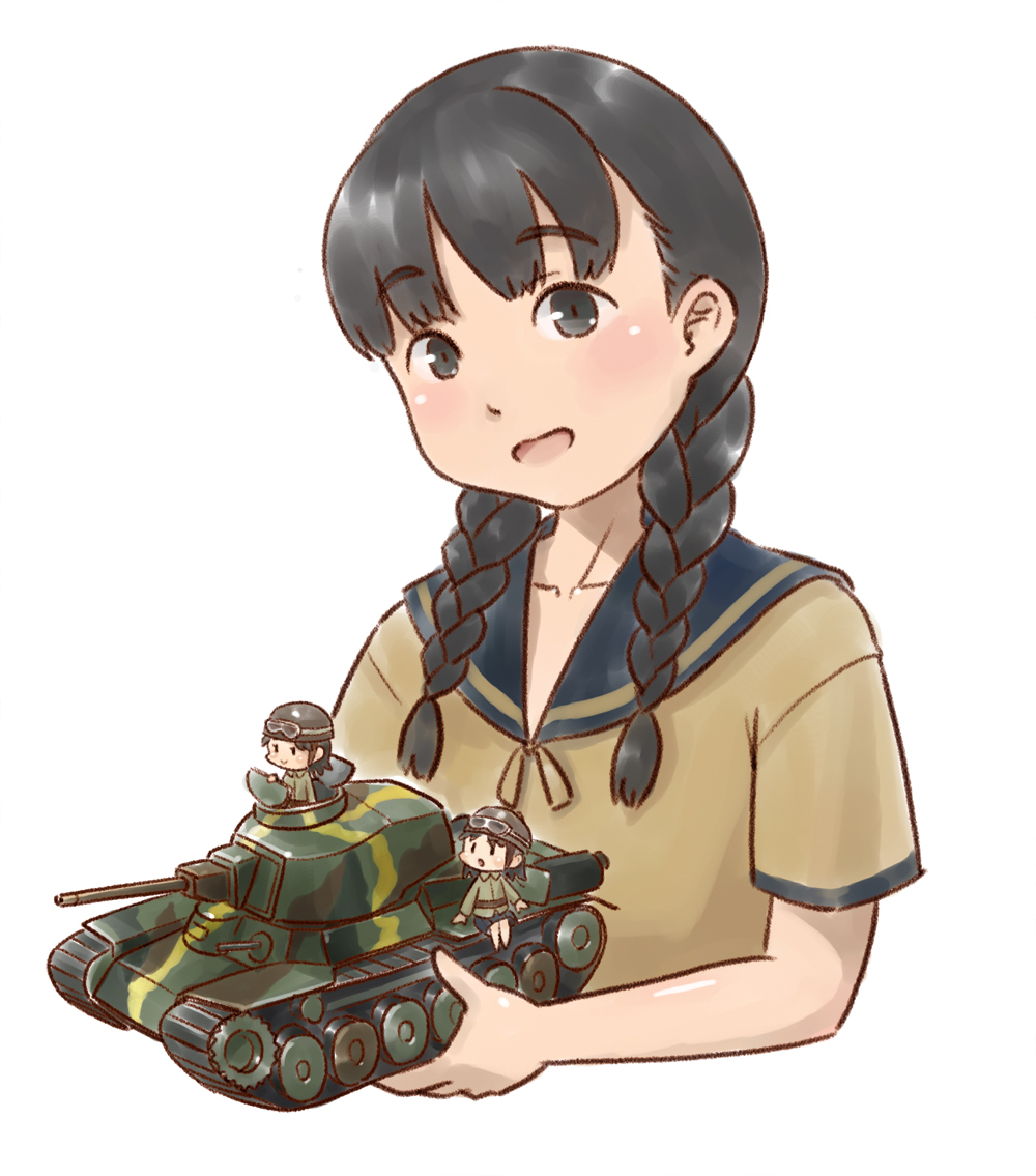 3girls black_eyes black_hair braid helmet kantai_collection karasu_(naoshow357) landing_ship_no._101_(kancolle) long_hair military military_vehicle mini_person minigirl motor_vehicle multiple_girls school_uniform tank twin_braids