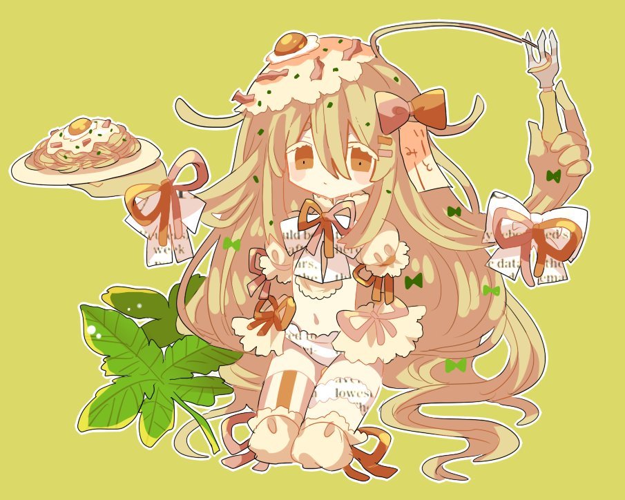 1girl amputee blonde_hair blush_stickers bow commentary_request expressionless food food_on_hair food_on_head green_background green_bow hair_between_eyes hair_bow hair_ornament hairclip long_hair navel neck_ribbon no_nose object_on_head orange_bow orange_eyes orange_ribbon original outline panties pasta personification prehensile_hair quadruple_amputee ribbon simple_background solo spaghetti underwear usagi_nui white_outline white_panties