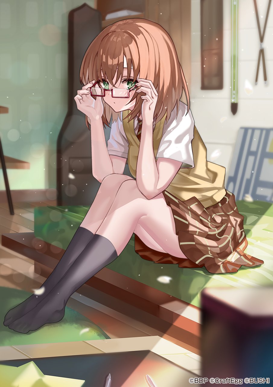 1girl adjusting_eyewear bang_dream! brown_hair green_eyes highres looking_at_viewer medium_hair official_art pleated_skirt red-framed_eyewear red_skirt semi-rimless_eyewear shino_(eefy) short_sleeves sitting skirt under-rim_eyewear yamato_maya