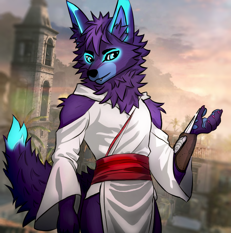 assassin's_creed blade blue_body blue_eyes blue_fur canid canine canis clothed clothing cody_(wolfrayay) detailed_background digital_drawing_(artwork) digital_media_(artwork) fluffy fur glowing glowing_body glowing_eyes hidden_blade line_art male mammal purple_body purple_fur solo solo_focus ubisoft weapon wolf wolfrayay