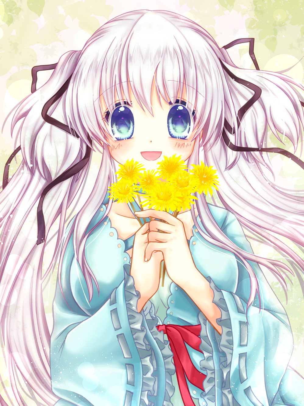 1girl :d aqua_eyes black_ribbon blue_jacket blush breasts collarbone dress flower frilled_sleeves frills hair_between_eyes hair_ribbon hands_up highres holding holding_flower jacket long_hair mabinogi medium_breasts nao_(mabinogi) official_alternate_costume open_mouth red_ribbon ribbon ribbon-trimmed_sleeves ribbon_trim shararan sidelocks smile solo straight-on twintails very_long_hair white_dress white_hair yellow_flower