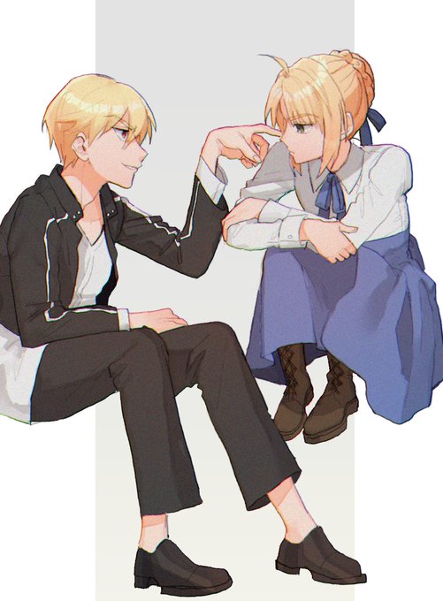 1boy 1girl ahoge artoria_pendragon_(fate) black_footwear black_jacket black_pants blonde_hair blue_ribbon blue_skirt boots brown_footwear collared_shirt cropped_jacket expressionless fate/stay_night fate_(series) finger_to_another's_nose gilgamesh_(fate) green_eyes hair_bun hair_ribbon high-waist_skirt jacket looking_at_another momoka_(abc_momoka0718) neck_ribbon pants pantyhose red_eyes ribbon saber shirt sitting skirt smile two-tone_background white_shirt