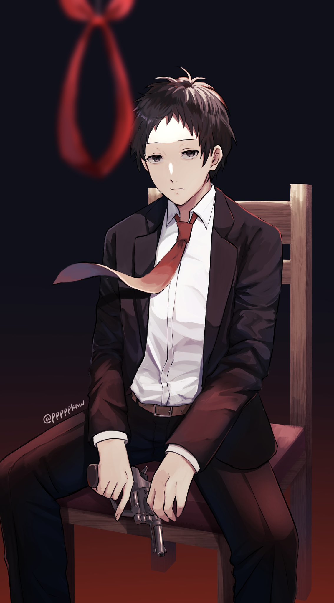 1boy adachi_tooru belt black_hair black_jacket black_pants blurry blurry_foreground brown_belt brown_eyes business_suit closed_mouth collared_shirt commentary_request gradient_background gun highres holding holding_gun holding_weapon jacket long_sleeves looking_at_viewer male_focus necktie noose pants persona persona_4 pppppknw red_necktie shirt short_hair sitting solo suit twitter_username weapon white_shirt wooden_chair
