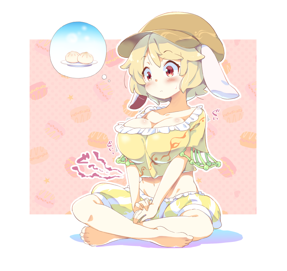 1girl animal_ears baozi barefoot blonde_hair blush breasts brown_headwear cleavage closed_mouth commentary flat_cap floppy_ears food food-themed_background full_body groin hat hungry indian_style large_breasts navel pink_background rabbit_ears red_eyes ringo_(touhou) short_hair short_sleeves shorts sitting solo striped striped_shorts sweatdrop tanasuke thought_bubble touhou vertical-striped_shorts vertical_stripes yellow_shorts