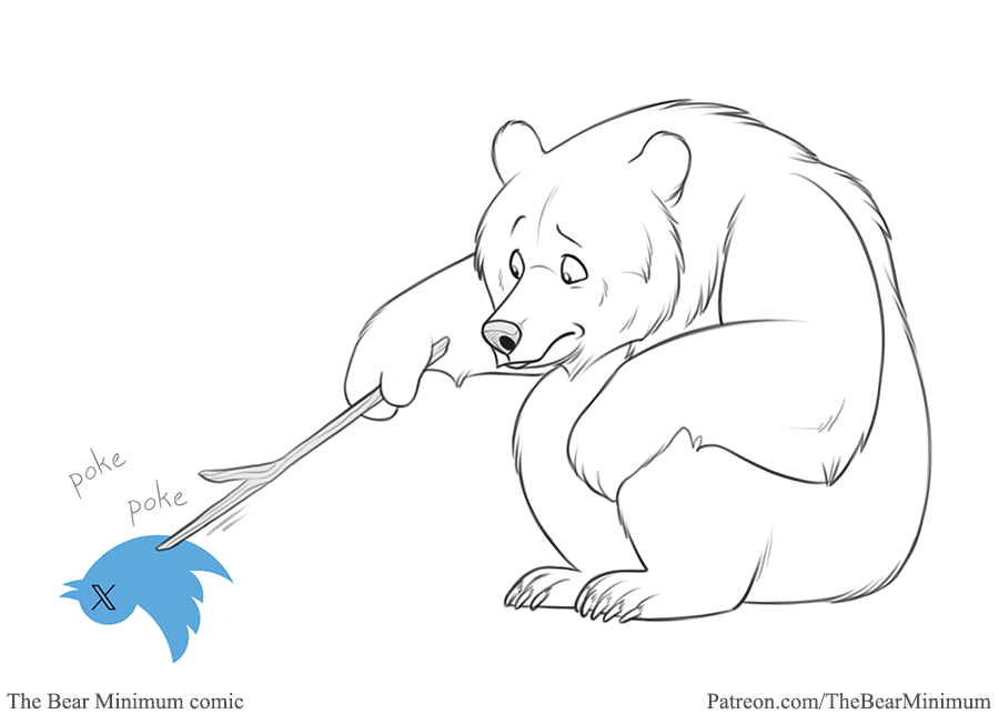 anthro barefoot bear bear_claws bearhybrid claws duo english_description english_text eyebrows feet male mammal raised_eyebrow signature simple_background stick text twitter twitter_bird twitter_logo url white_background