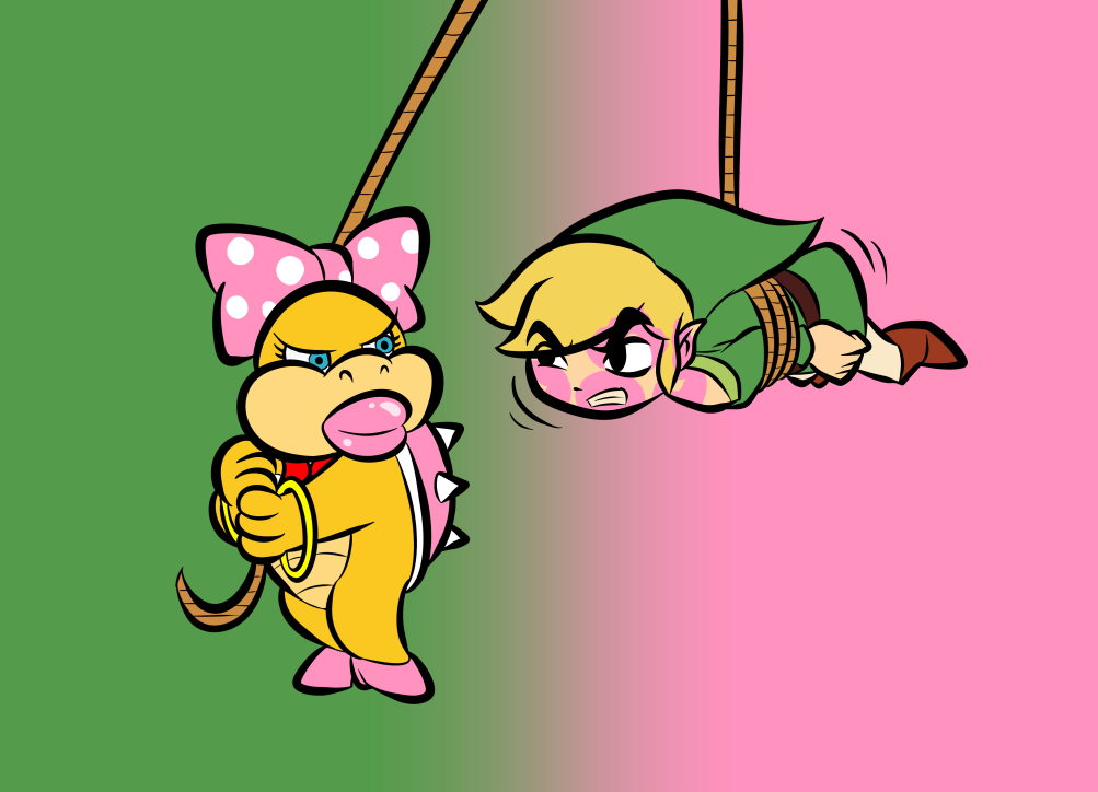 accessory annoyed anthro blonde_hair bound bow_ribbon clothing crossover duo eye_contact female footwear hair hair_accessory hair_bow hair_ribbon humanoid humanoid_on_anthro humanoid_pointy_ears hylian kiss_mark koopa koopaling lipstick looking_at_another makeup male mario_bros nintendo orangechocobo ribbons rope scalie simple_background the_legend_of_zelda toon_link wendy_o._koopa wind_waker