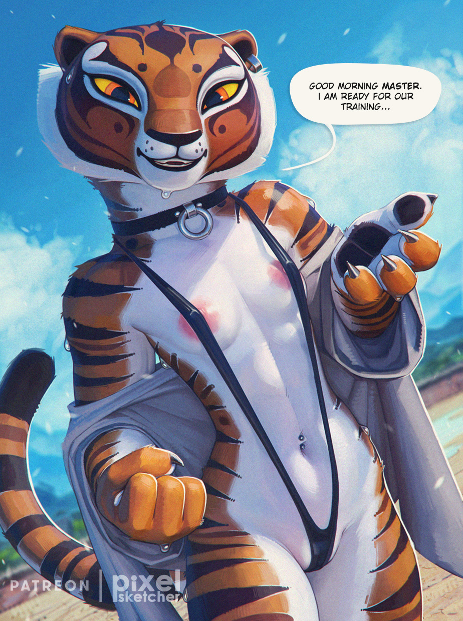 2023 4_fingers anthro areola bikini clothing dialogue digital_media_(artwork) dreamworks english_text eyebrows felid female fingers hi_res kung_fu_panda mammal master_tigress navel navel_piercing outside pantherine piercing pixelsketcher sling_bikini solo speech_bubble swimwear text tiger