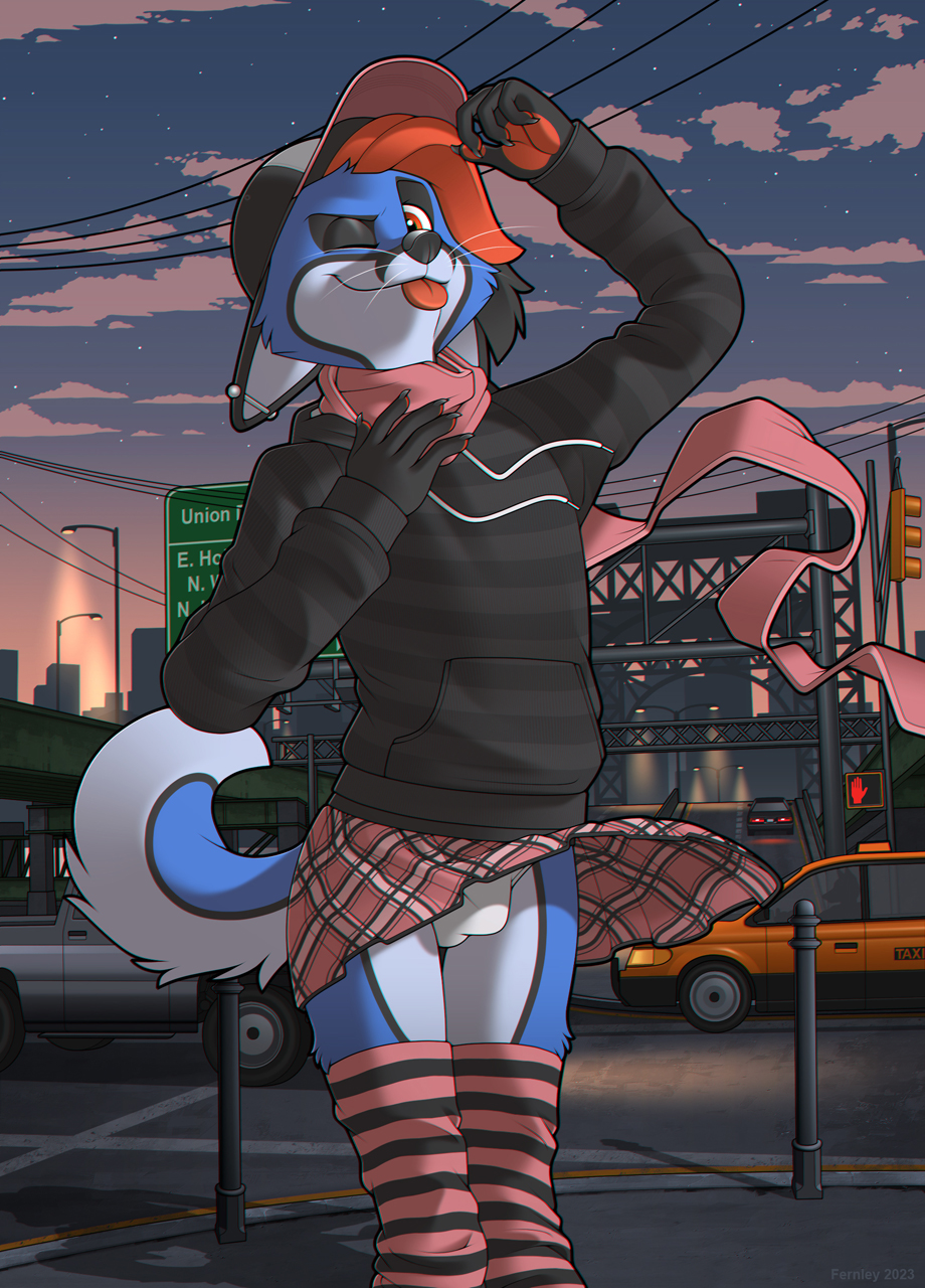 anthro bottomwear bulge canid canine clothed clothing crossdressing detailed_bulge ear_piercing fernley fox hi_res male mammal one_eye_closed piercing public skirt tongue tongue_out underwear upskirt wink