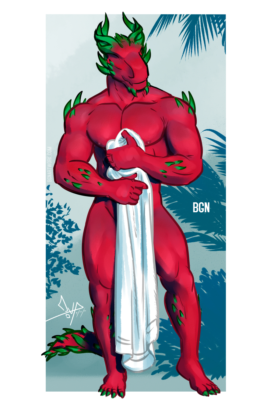 anthro athletic athletic_male bgn claws dragon dragon_fruit elemental_creature flora_fauna food food_creature fruit hi_res holding_object holding_towel horn living_fruit male muscular muscular_male nipples nude pecs plant red_body smile solo spikes towel wingless_dragon