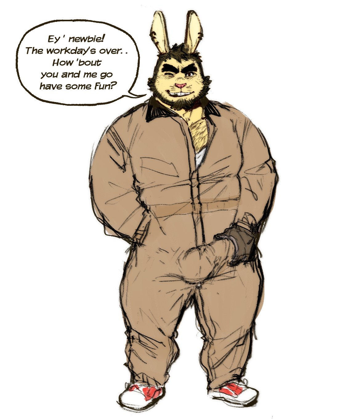 2023 anthro beard body_hair bulge chest_hair clothed clothing coveralls ear_piercing erection erection_under_clothing facial_hair genital_outline hand_on_bulge hi_res inviting lagomorph leporid looking_at_viewer male mammal manly mature_male one_eye_closed pecs penis_outline piercing rabbit shirt simple_background solo speech_bubble testicle_bulge topwear tora_gy undershirt white_background wink winking_at_viewer work_gloves