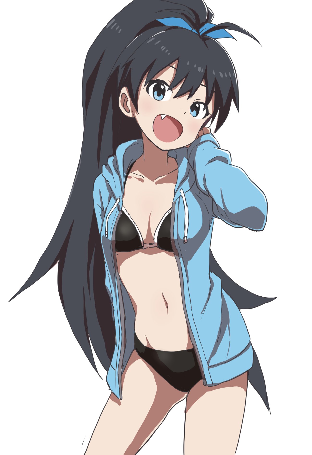 1girl antenna_hair arm_behind_head bikini black_bikini black_hair blue_eyes blue_hoodie blue_ribbon blush bow breasts cleavage collarbone cowboy_shot dot_nose fang ganaha_hibiki hair_bow hair_ribbon hand_up highres hood hood_down hoodie idolmaster idolmaster_(classic) idolmaster_million_live! idolmaster_million_live!_theater_days long_hair long_sleeves looking_at_viewer medium_breasts navel open_clothes open_hoodie open_mouth ponytail ribbon simple_background smile solo standing swimsuit white_background yamamoto_souichirou