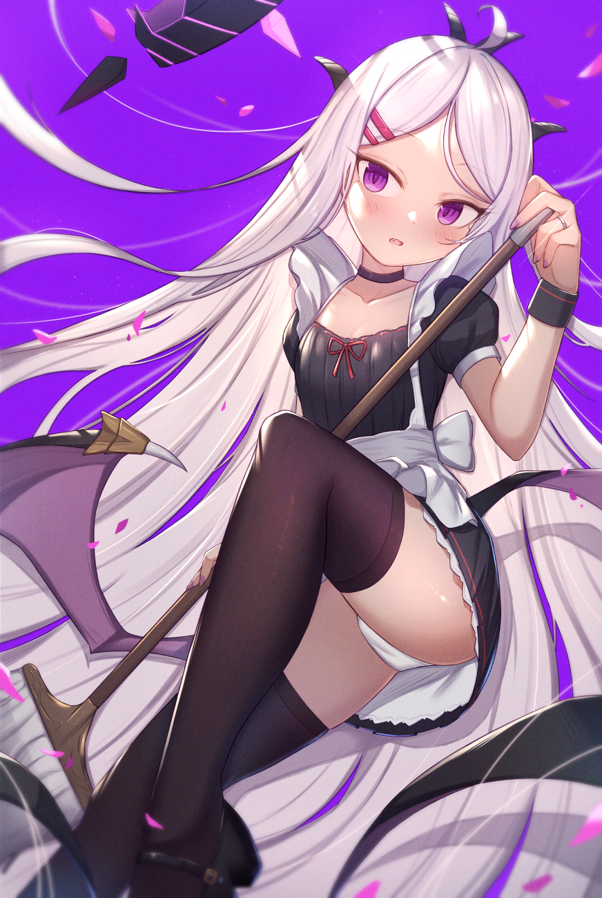 1girl ahoge apron ass black_dress black_horns black_thighhighs blue_archive blush collarbone demon_horns demon_wings dress fang fingernails grey_hair halo highres hina_(blue_archive) horns jewelry long_hair multiple_horns nail_polish open_mouth panties parted_bangs puffy_short_sleeves puffy_sleeves purple_eyes purple_nails ring short_sleeves solo thighhighs underwear uneg very_long_hair wedding_ring white_apron white_panties wings