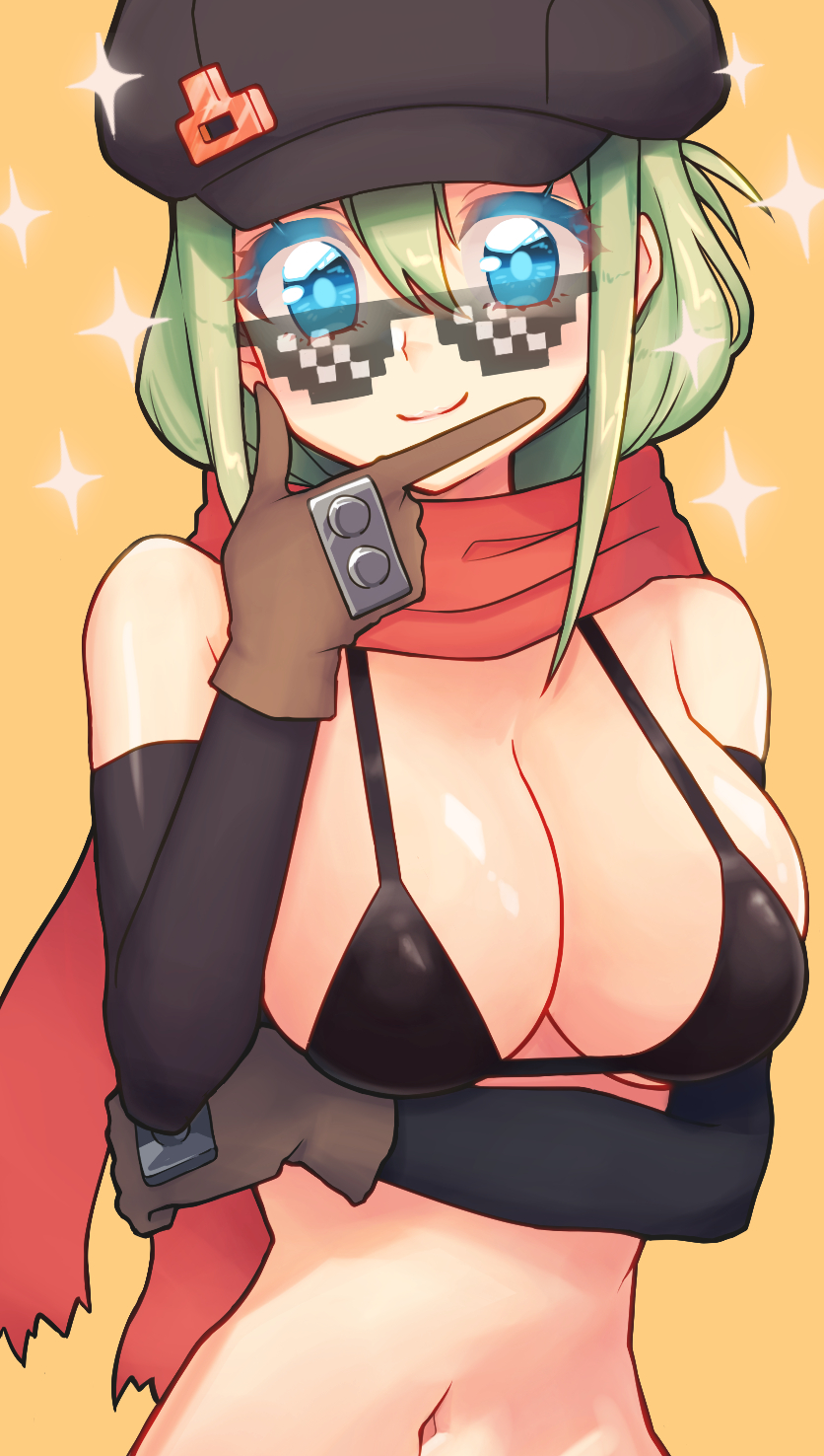 1girl bare_shoulders bikini black_bikini black_headwear black_sleeves blue_eyes borrowed_character breasts brown_gloves cabbie_hat cleavage closed_mouth commentary_request deal_with_it_(meme) detached_sleeves gloves green_hair hair_between_eyes hand_up hat highres large_breasts long_hair long_sleeves meme navel orange_background original red_scarf sai_koro scarf simple_background smile solo sparkle swimsuit torn_clothes torn_scarf upper_body yunomiya_agari