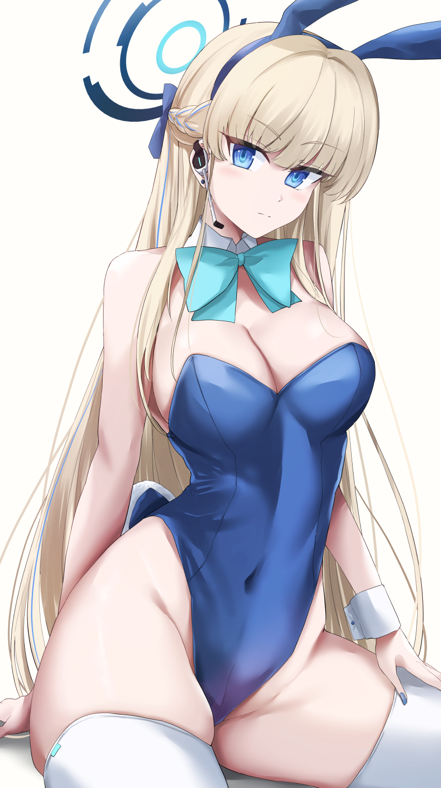 1girl alternate_breast_size animal_ears bare_shoulders blonde_hair blue_archive blue_bow blue_eyes blue_hairband blue_leotard blue_nails bow bowtie braid breasts cleavage detached_collar ear_piercing earpiece fake_animal_ears french_braid groin hairband halo highleg highleg_leotard highres ibara_azuki large_breasts leotard long_hair microphone official_alternate_costume official_alternate_hairstyle piercing playboy_bunny rabbit_ears sitting skindentation thighhighs thighs toki_(blue_archive) toki_(bunny)_(blue_archive) very_long_hair white_thighhighs wide_hips wrist_cuffs