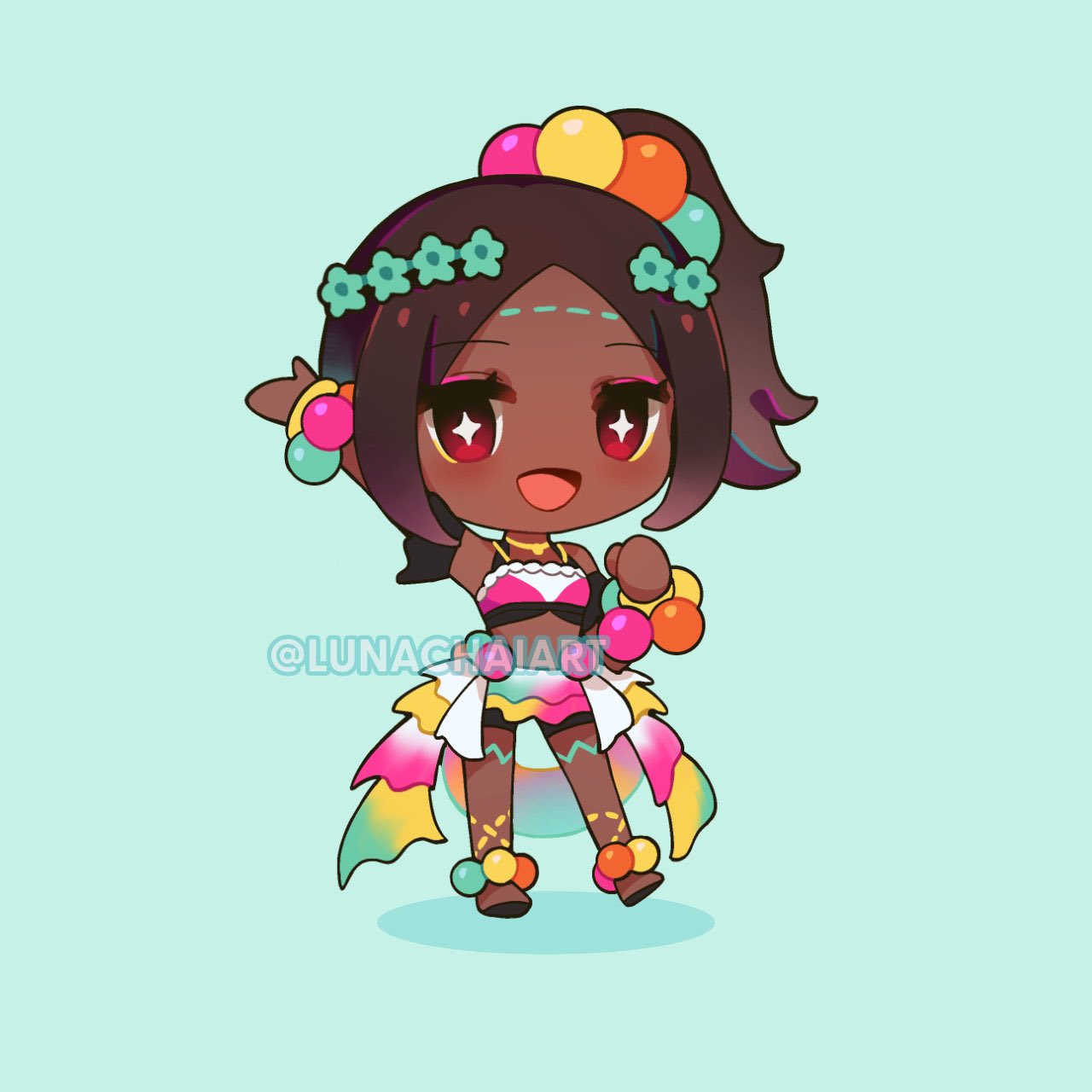 1girl bracelet chibi dark-skinned_female dark_skin eyeliner eyeshadow fire_emblem fire_emblem_engage high_ponytail highres jewelry liberation_(fire_emblem) lunachaili makeup pearl_anklet pearl_bracelet pearl_hair_ornament pink_eyeliner pink_eyeshadow solo star-shaped_pupils star_(symbol) symbol-shaped_pupils timerra_(fire_emblem)