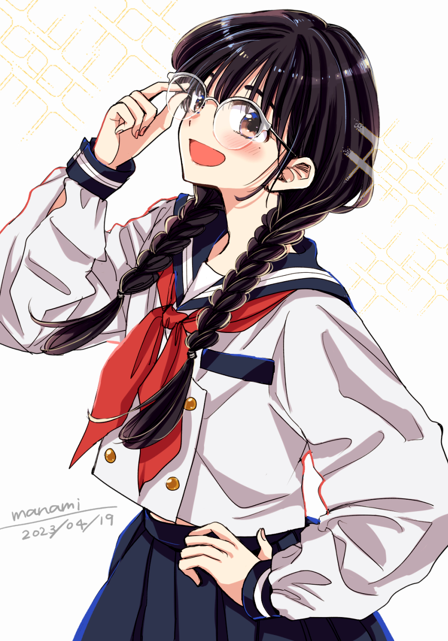 1girl :d adjusting_eyewear black_hair blue_sailor_collar blue_skirt blush braid brown_eyes commentary_request dated glasses hand_on_own_hip hand_up happy highres long_hair long_sleeves looking_at_viewer mole mole_under_eye neckerchief open_mouth original pleated_skirt red_neckerchief round_eyewear sailor_collar school_uniform serafuku shirt signature simple_background skirt smile solo standing sugano_manami twin_braids white_background white_shirt