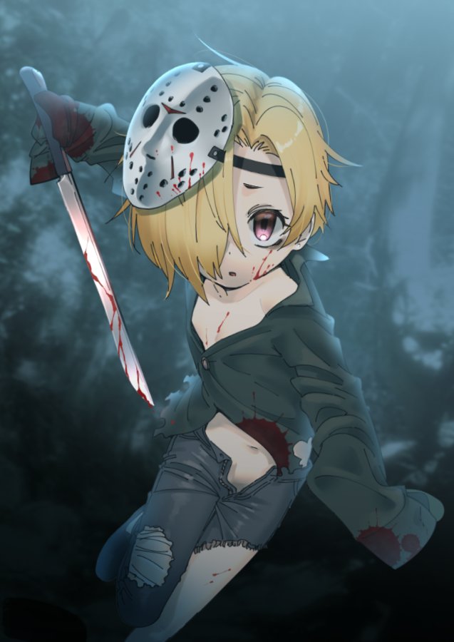 1girl black_shirt blonde_hair blood blood_on_clothes blood_on_face blood_on_weapon blood_stain cosplay foot_out_of_frame foot_up friday_the_13th gengorou hair_over_one_eye hockey_mask holding holding_weapon idolmaster idolmaster_cinderella_girls jason_voorhees jason_voorhees_(cosplay) leather leather_pants looking_at_viewer machete mask mask_on_head navel pants parted_lips pink_eyes shirasaka_koume shirt short_hair sleeves_past_fingers sleeves_past_wrists solo torn_clothes torn_pants weapon