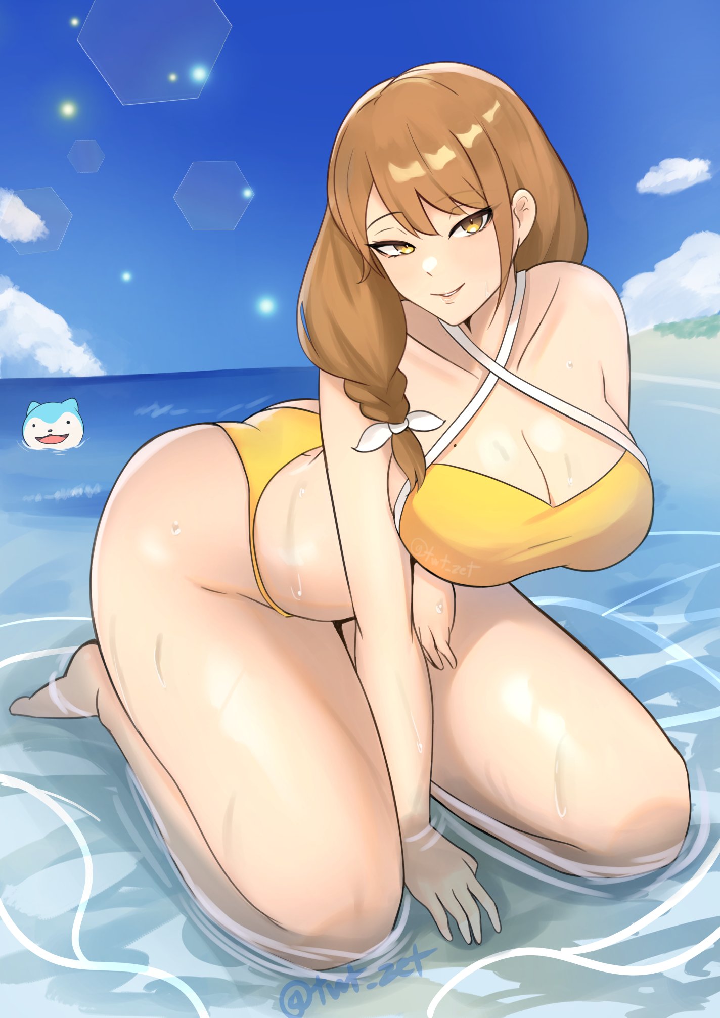 1girl arm_under_breasts artist_name beach between_legs bikini breasts brown_hair collarbone criss-cross_halter fire_emblem fire_emblem_engage goldmary_(fire_emblem) hair_over_shoulder halterneck hand_between_legs highres large_breasts light_rays looking_at_viewer low_ponytail mole mole_on_breast partially_submerged seductive_smile smile sommie_(fire_emblem) swimsuit wet yellow_bikini yellow_eyes zet_(twt_zet)