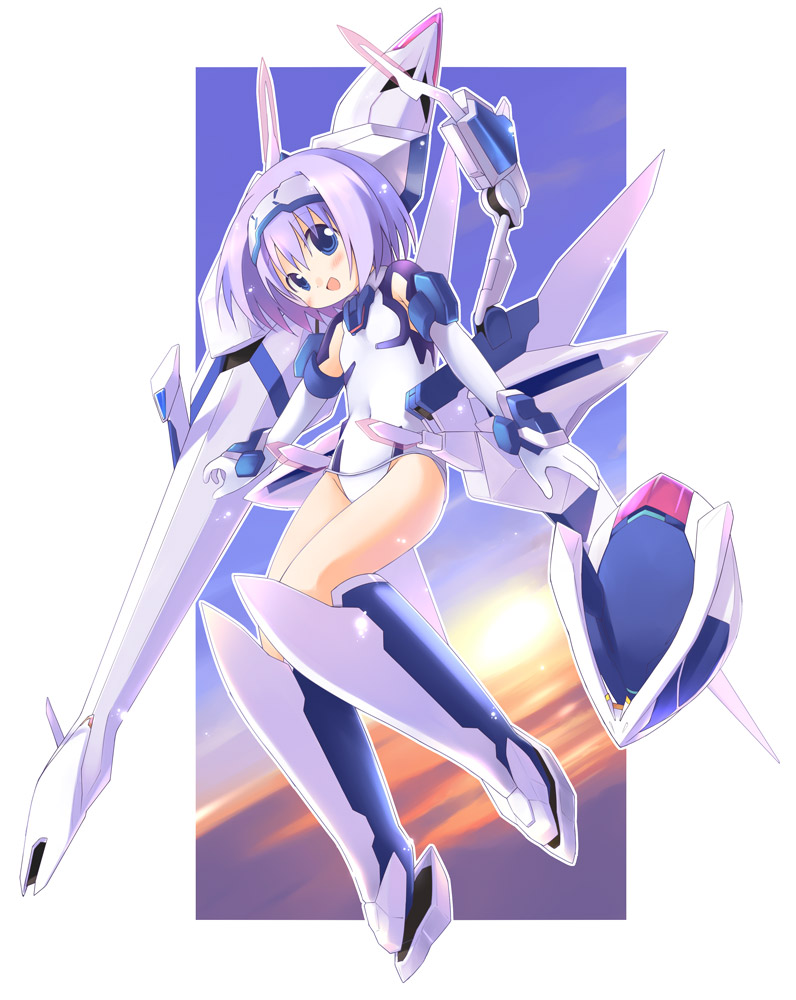 1girl :d armored_boots bangs blue_eyes blush boots commentary_request covered_navel elbow_gloves emurin exelica flat_chest flying full_body gloves hair_between_eyes hairband leotard looking_at_viewer mecha_musume open_mouth purple_hair short_hair sky smile solo sun sunrise sunset trigger_heart_exelica white_gloves white_hairband white_leotard