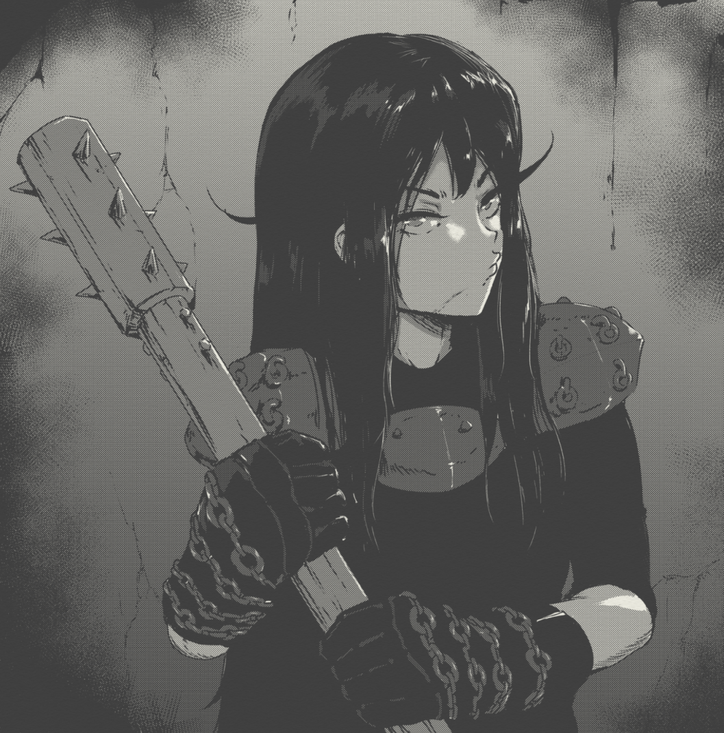 1girl armor chain club_(weapon) gloves greyscale holding holding_club holding_weapon lily_(tyrone) long_hair looking_at_viewer monochrome original real_life shoulder_armor solo spiked_club tyrone varg_vikernes weapon