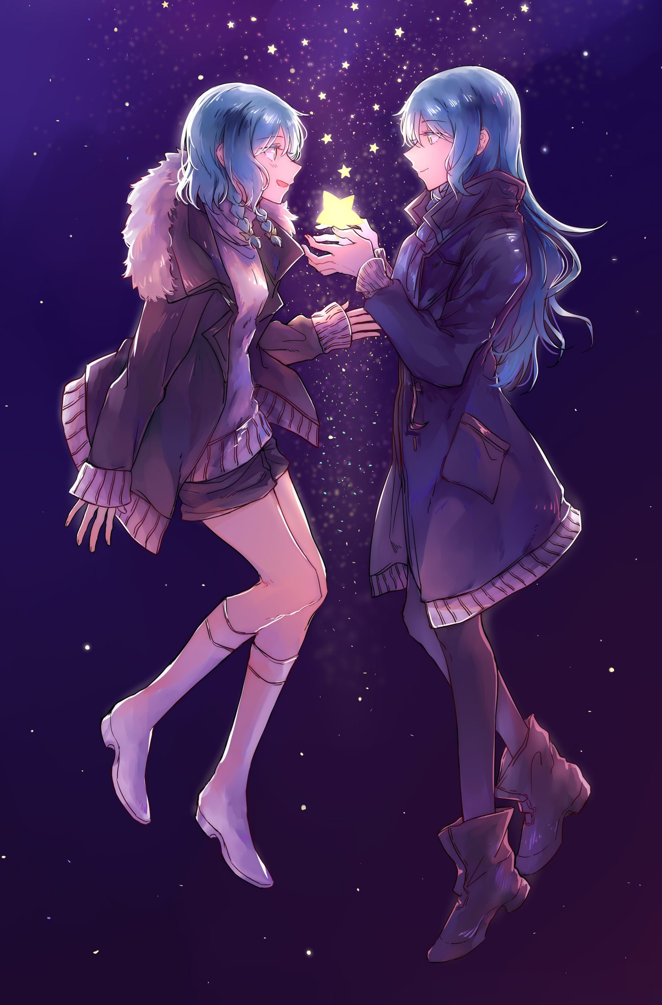 2girls aqua_hair bang_dream! black_pantyhose black_shorts blue_jacket boots braid brown_coat brown_footwear coat commentary green_eyes highres hikawa_hina hikawa_sayo holding holding_star incest jacket long_hair looking_at_another medium_hair multiple_girls pantyhose shorts sky spotlight_l star_(sky) star_(symbol) starry_background starry_sky sweater twin_braids white_footwear white_sweater yuri