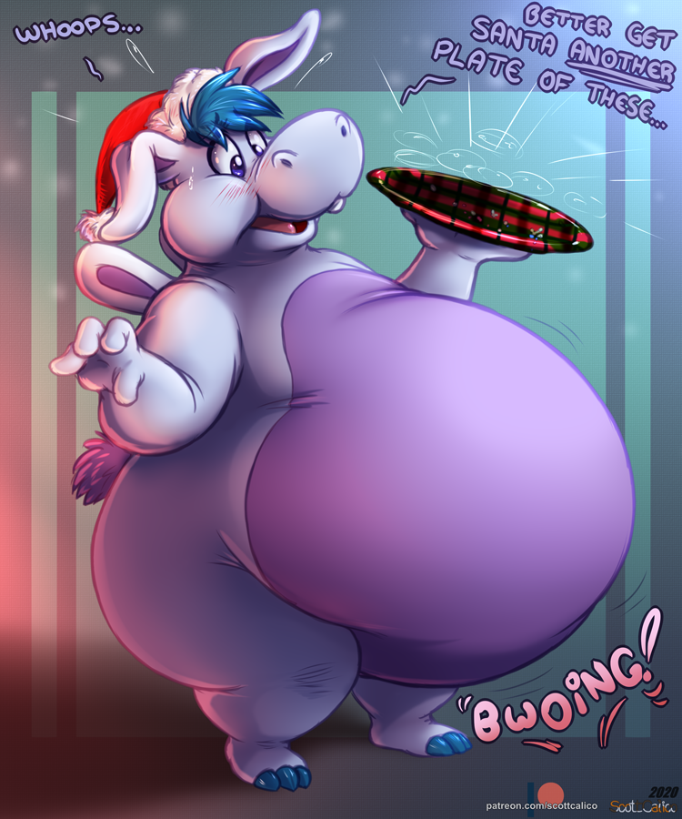 2020 anthro belly big_belly bloated blush buckteeth christmas christmas_clothing christmas_headwear clothing common_hippopotamus dialogue disney female fur hair hat hat_only headgear headgear_only headwear headwear_only hippopotamid holding_object holding_plate holidays hoppopotamus_(the_wuzzles) hybrid lagomorph leporid mammal mostly_nude nervous_sweat nude obese obese_anthro obese_female open_mouth overweight overweight_anthro overweight_female paws plate rabbit santa_hat scott_calico scut_tail short_tail signature solo sound_effects standing tail teeth text the_wuzzles wide_eyed wings