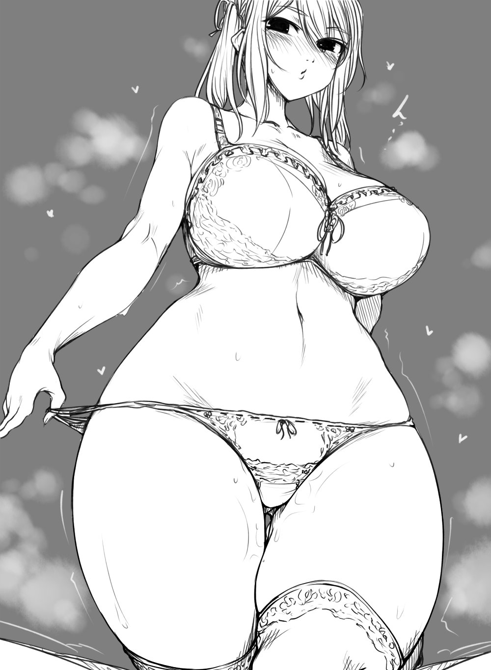 1girl blush bra breasts cleavage greyscale haseru_(ginku_mh) heart highres large_breasts lingerie looking_at_viewer medium_hair monochrome original panties panty_pull pulled_by_self solo thighhighs underwear