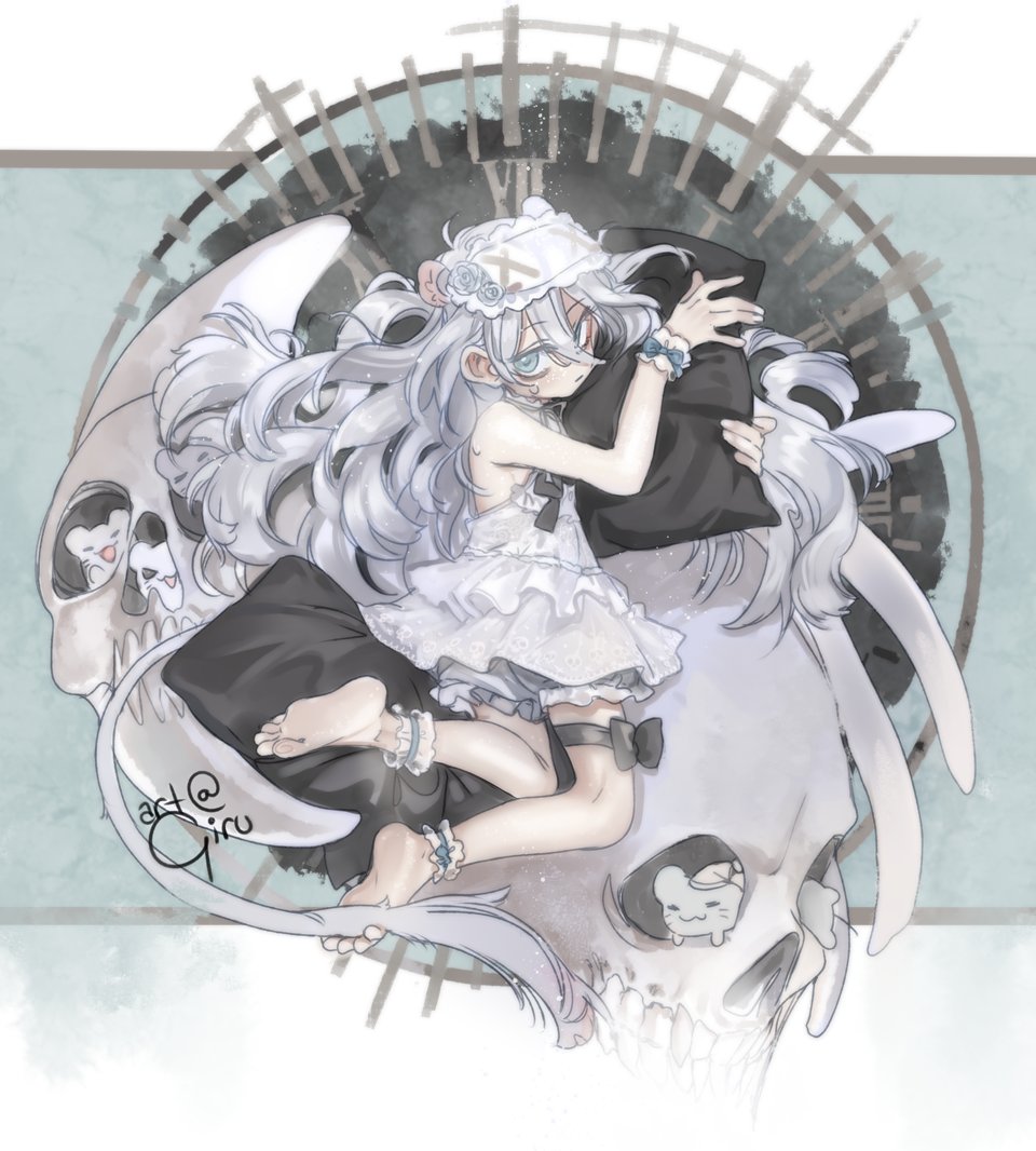 1girl animal_ears ankle_ribbon aqua_eyes bare_shoulders barefoot clauvio_(vtuber) clock dress extra_ears eye_mask feet frilled_dress frilled_shorts frills full_body girutea grey_hair hair_between_eyes hand_up holding indie_virtual_youtuber leg_ribbon legs long_hair mouse mouse_ears mouse_girl mouse_tail pillow puffy_shorts ribbon shorts signature skull sleep_mask sleeveless soles solo tail thigh_bow toes very_long_hair white_dress white_mask