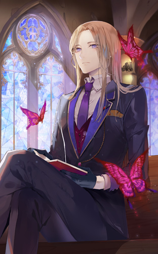 1boy black_gloves black_jacket black_pants black_suit book brown_hair bug bungou_to_alchemist butterfly church closed_mouth collared_shirt crossed_legs feet_out_of_frame fuyuomi gloves half_gloves holding holding_book indoors jacket lapel_pin lapels long_hair looking_at_viewer lowres male_focus mole mole_under_eye necktie notched_lapels official_art open_book pants parted_bangs pew pillar pocket_square purple_eyes purple_necktie reading red_butterfly red_vest shirt sitting solo stained_glass suit third-party_source vest white_shirt yumeno_kyuusaku_(bungou_to_alchemist)