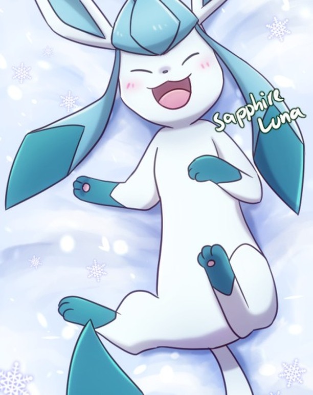 2023 ambiguous_gender blue_body blue_ears blue_fur blush blush_lines eeveelution eyes_closed feral full-length_portrait fur generation_4_pokemon glaceon long_ears long_tail lying lying_on_ground multicolored_body multicolored_fur nintendo on_back open_mouth pawpads paws pink_blush pink_pawpads pokemon pokemon_(species) portrait red_mouth sapphireluna signature smile snow snowflake solo tail two_tone_body two_tone_fur white_body white_fur