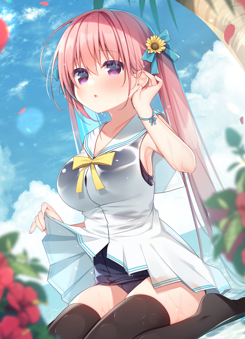 1girl black_one-piece_swimsuit black_thighhighs blue_bow blue_sky blurry blurry_foreground blush bow breasts cloud commentary_request day depth_of_field dress flower hair_between_eyes hair_bow hair_flower hair_ornament hanamiya_natsuka hand_up horizon long_hair looking_at_viewer medium_breasts ocean old_school_swimsuit one-piece_swimsuit original outdoors palm_tree parted_lips petals pink_hair purple_eyes red_flower sailor_collar sailor_dress school_swimsuit sitting sky sleeveless sleeveless_dress solo sunflower sunflower_hair_ornament swimsuit swimsuit_under_clothes thighhighs tree twintails very_long_hair wariza water white_dress white_sailor_collar yellow_bow yellow_flower
