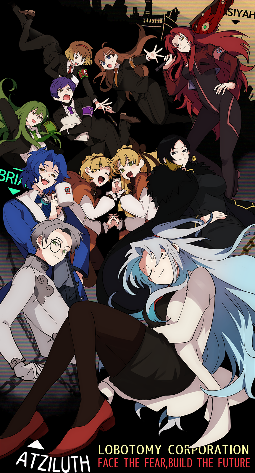 5boys 6+girls ahoge angela_(project_moon) armband arms_up ascot binah_(project_moon) black_bodysuit black_cape black_dress black_eyes black_jacket black_pants black_pantyhose black_skirt black_sweater black_vest blue_ascot blue_coat blue_eyes blue_hair bodysuit braid breasts brooch brown_armband brown_capelet brown_eyes brown_footwear brown_hair brown_hairband brown_necktie brown_pantyhose brown_ribbon brown_skirt cape capelet chesed_(project_moon) closed_eyes closed_mouth coat commentary_request copyright_name cropped_jacket crown_braid cup dress e.g.o_(project_moon) earrings english_text frilled_sleeves frills fur-trimmed_cape fur_trim gebura_(project_moon) gloves gradient_hair green_armband green_eyes green_hair green_necktie grey_eyes grey_gloves grey_hair grey_vest hair_between_eyes hair_ornament hair_ribbon hairband hairclip hand_in_pocket hand_on_own_hip heterochromia highres hod_(project_moon) hokma_(project_moon) holding holding_cup holding_hands holding_paper holding_sword holding_weapon jacket jewelry lab_coat large_breasts light_blue_hair lobotomy_corporation lobotomy_corporation_logo long_hair long_sleeves malkuth_(project_moon) medium_breasts medu_(rubish) mole mole_under_eye mug multicolored_hair multiple_boys multiple_girls neck_ribbon necktie netzach_(project_moon) one_side_up open_clothes open_jacket open_mouth pants pantyhose paper parted_bangs pencil_skirt project_moon purple_armband purple_necktie red_armband red_footwear red_hair red_hairband red_jacket red_necktie ribbed_sweater ribbon scar scar_across_eye scar_on_cheek scar_on_face shirt shoes single_earring skirt smile streaked_hair sweat sweater sword teeth tiphereth_a_(project_moon) tiphereth_b_(project_moon) turtleneck turtleneck_sweater upper_teeth_only v-shaped_eyebrows very_long_hair vest weapon white_shirt yellow_eyes yesod_(project_moon)