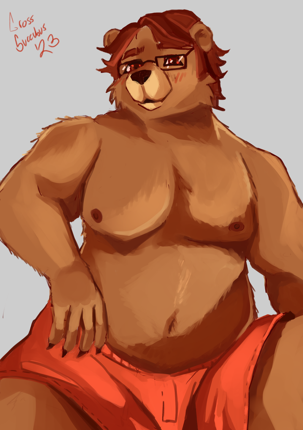 anthro bear boxers_(clothing) boxers_only clothed clothing eyewear glasses grosssuccubus hi_res male mammal shirtless solo topless underwear underwear_only