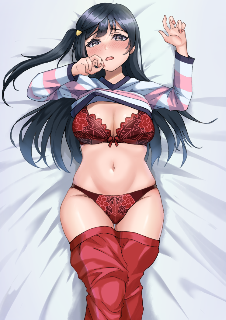 1girl bangs black_hair blush bra breasts cleavage commentary_request grey_eyes hair_ornament large_breasts long_hair looking_at_viewer love_live! love_live!_nijigasaki_high_school_idol_club lying momo_mochi_(favk5328) on_back on_bed one_side_up pajamas pajamas_pull panties partially_undressed red_bra red_panties sidelocks solo underwear yuuki_setsuna_(love_live!)