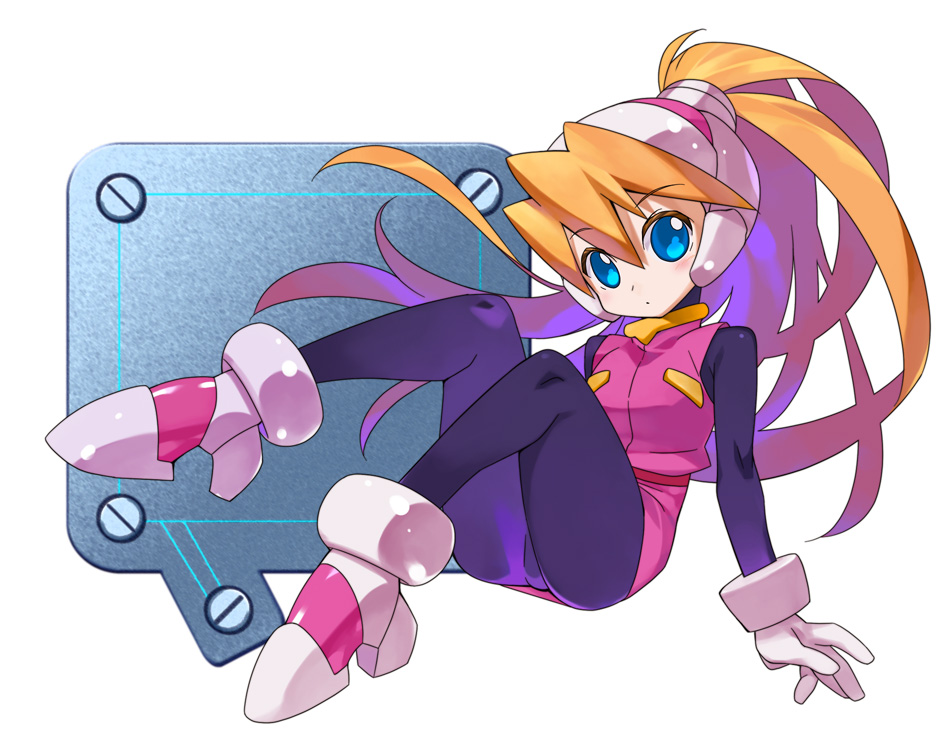 1girl black_bodysuit blonde_hair blue_eyes bodysuit breasts ciel_(mega_man) gloves high_heels kaidou_zx looking_at_viewer mega_man_(series) mega_man_zero pink_headwear pink_skirt pink_vest ponytail sitting skirt small_breasts upskirt vest white_gloves