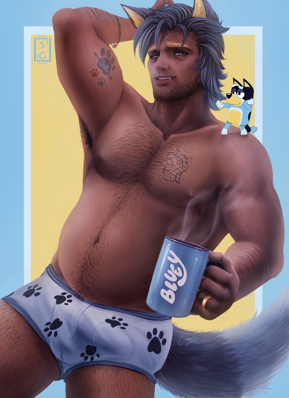 2023 alternate_species animal_humanoid armpit_hair balls_outline bandit_heeler beard belly biped blue_body blue_fur blue_hair bluey_(series) body_hair bracelet briefs briefs_only brown_body brown_skin bulge canid canid_humanoid canine canine_humanoid chest_hair clothed clothing digital_media_(artwork) dog_humanoid eyebrows facial_hair fur genital_outline hair hairy_arms hairy_legs happy_trail hi_res holding_mug holding_object humanoid humanoidized jewelry looking_at_viewer male mammal mammal_humanoid mug navel penis_outline pinup pose reference_image ring_(jewelry) smile solo stanglass steam tail tattoo teeth topless underwear underwear_only
